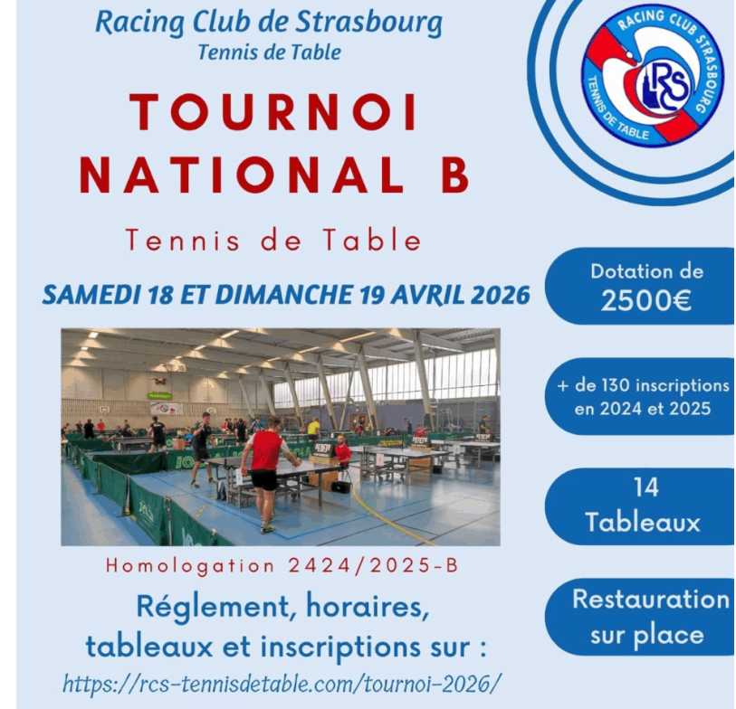 Tournoi National B les 18 et 19 Avril 2026 à JN MULLER.